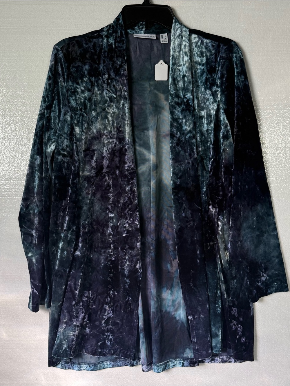 Susan Graver Women L Shares Of Blue Crushed Velvet Open Front Cardigan Duster